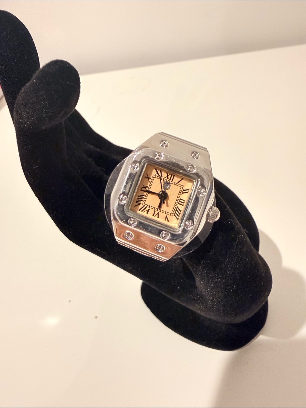 Montres Prestige Silver-tone Square Face Ring Watch with Champagne Dial